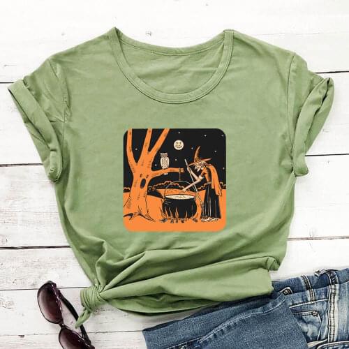 Halloween Witch Print 100%Cotton Women Tshirt Unisex Funny Summer Casual Short Sleeve Top Halloween Party Shirt Holiday Tee