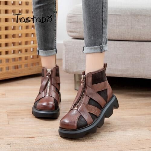 Women Boots Ankle Shoes Autumn Leather Lace Up Low Heels Woman Fashion Casual Shoe Sewing Ladies 2020 Female 2811