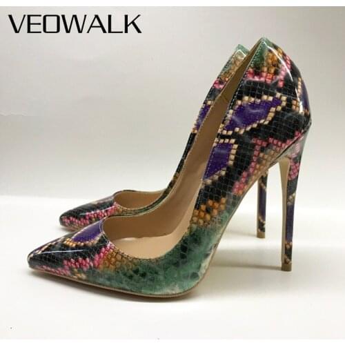 Veowalk Colorful Snakeskin Print Women Patent Pointy Toe Stiletto Pumps Sexy Ladies Club Party High Heel Shoes Large Size 33-45