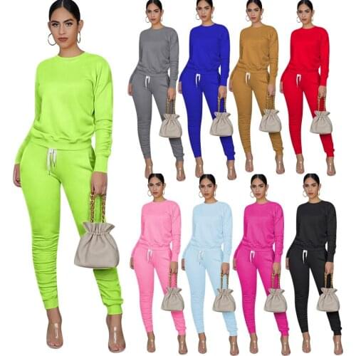 Solid Color Tracksuit Woman Long Sleeve Sweatshirt + Drawstring Stacked Pants With Pockets 2020 Autumn Casual Clothes Outfits