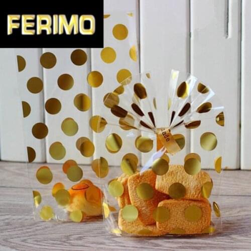 100pcs Gold Pink White Polka dots Transparent Cookies Bags Cellophane Bag Candy Bags baker gift packing bag