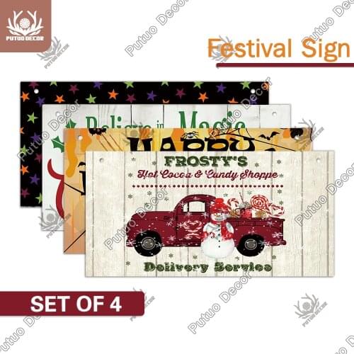 Putuo Decor 4PCS Christmas Wood Signs Halloween Wooden Signs Wood Plaque Hanging Signs Trucks Pumpkin Home Wall Decor Ornement