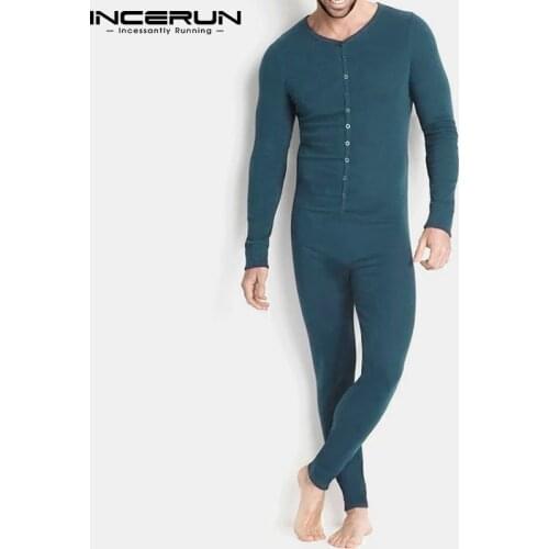 INCERUN Men Pajamas Jumpsuits V Neck Long Sleeve Homewear Fitness Solid Color Sleepwear Rompers Cozy Leisure Men Nightwear S-5XL