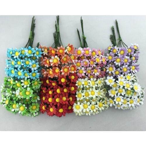 2014 NEW 1.5cm (120pcs/lot) head 4 colors Mulberry Daisy Paper Flower Bouquet/wire stem/ Scrapbooking artificial flowers