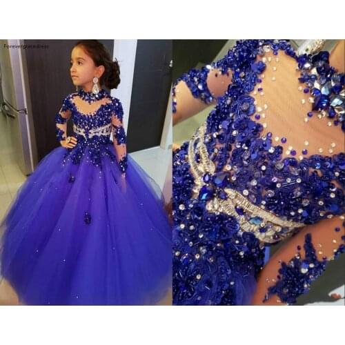 Luxury Beads Crystals Royal Blue Girls Pageant Dresses Princess High Neck Illusion Long Sleeve Little Kids Party Wear Gowns