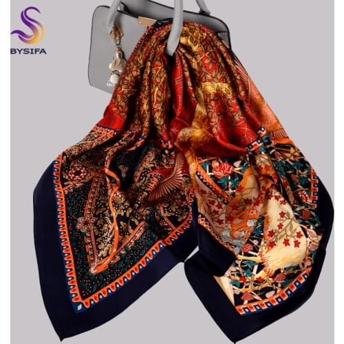 BYSIFA| Winter New Scarves Hijabs Ladies Fashion Pure Silk Square Scarf Printed Life Tree Design Navy Blue Red Neck Scarf Cape