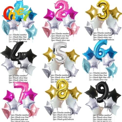 7pcs Birthday Party Shower Foil Balloon 32inch Number+18inch star Helium balloon Pink Gold children 1-9 year Party Decoration