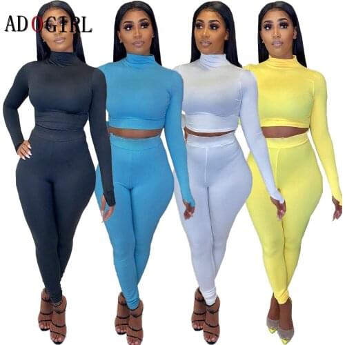 Adogirl Women Fitness Casual Sporty Two Piece Set Turtleneck Long Sleeve Top And Skinny Pants Fashion Sportswear Female Tracksui