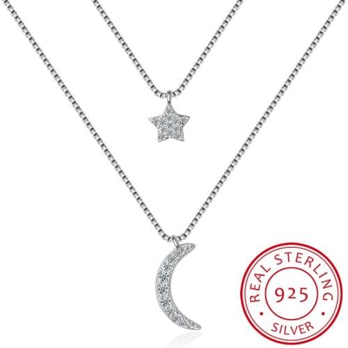 Double-layer Zirconia Moon Star 925 Sterling Silver Necklaces For Women Short Chain Choker de prata Gift S-N389