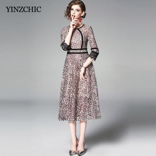 Quality Woman Summer Lace Dress O-neck Female Casual Leopard Dresses Slim A-line Party Dress for Elegant Lady