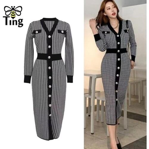 Tingfly Elegant Single Breasted Button Up Women Casual Dress Sexy Knit Bodycon Midi Long Winter Autumn Long Sleeve Dress Robes