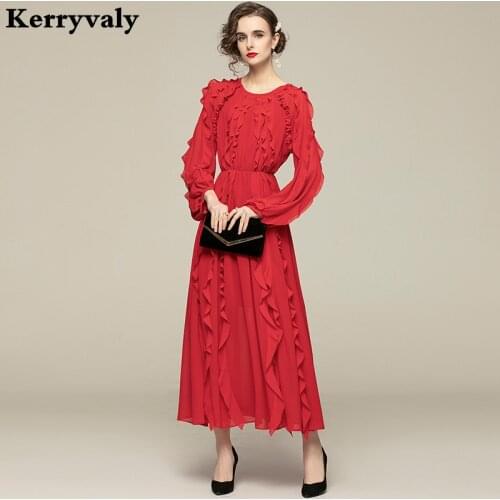 New Spring 2021 Bohemian Goddess Chiffon Ruffled Red Annual Night Party Dresses Women Long Sleeve Gothic Chiristmas Dress K8137