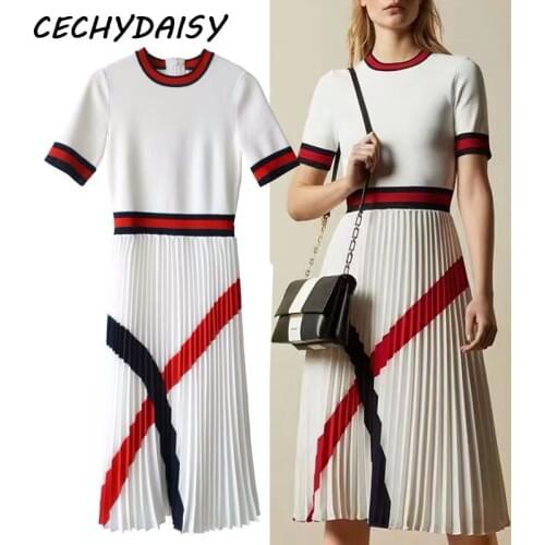 Knitted sweater dress women 2021 summer elegant Short Sleeve O-Neck contrast striped Office OL Dresses Vestidos roupas femeninas