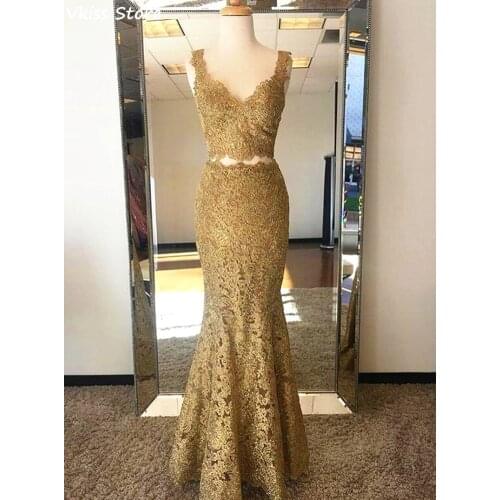 Vkiss Gold Lace Prom Dress Mermaid Simple V-neck Two Pieces New Sleeveless Floor Length Evening Dress платья на новый год2021