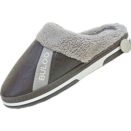 Winter Leather Cotton Slippers Women Large Size Thick-Soled Indoor Warm Wool Slippers Men Non-Slip Waterproof Shoes Women