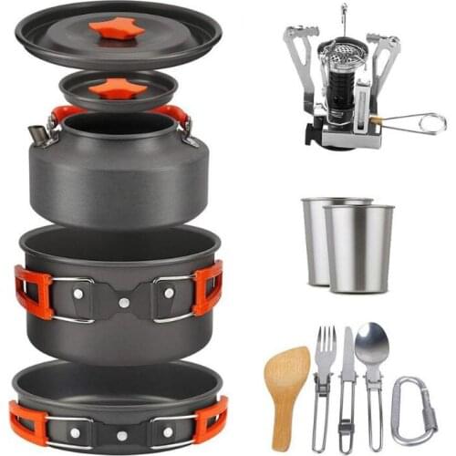 1Set Outdoor Pots Pans Camping Cookware Picnic Cooking Set Non-Stick Tableware with Stove Spoon Fork Knife Kettle for 2-3 Person
