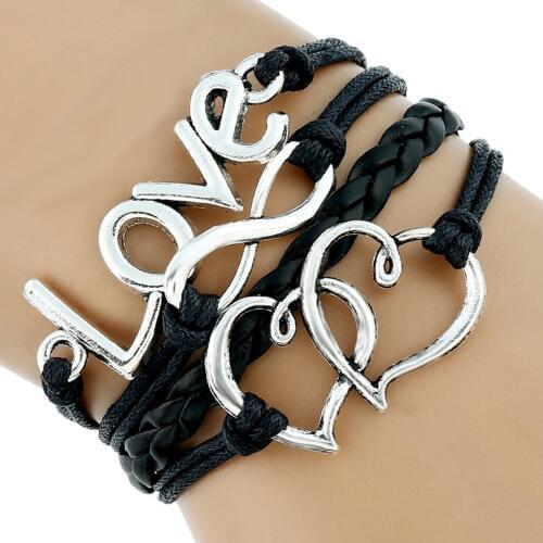 1 pc black Leather Cord Bracelet paracord charm couple hearts and love women woman girls teen new