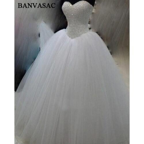 BANVASAC 2017 New Luxury Crystals Strapless Wedding Dresses Sleeveless Draped Satin Lace Bridal Ball Gowns