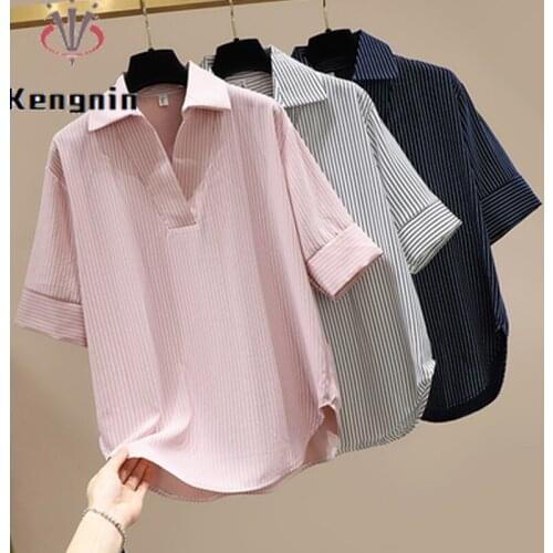 Oversized Womens Shirts 2021 New Summer Loose Ladies Striped Blouse Cotton Linen Simple Female Tops OL Blause KE1457