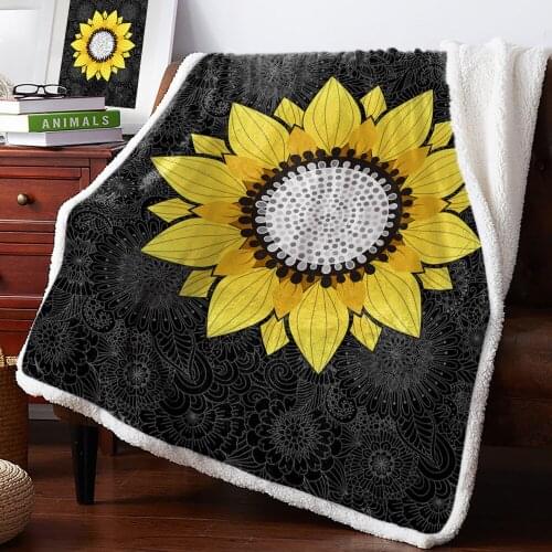 Sunflower And Mandala Black Throw Blanket Print Soft Fleece Blanket for Beds Sofa Plush Bedspreads Winter Sheet Cover Home Decor