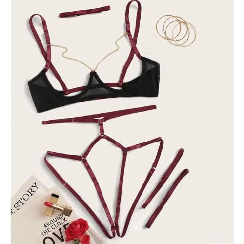 Soft Ladies Bras Set Exquisite Sexy Wire Free Underwear Nightwear Mesh Lingerie Bra+Garter+Briefs Set Babydoll Cut-Out Sleepwear
