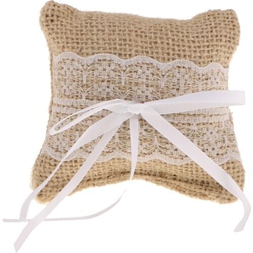Rustic Burlap Lace Floral Ring Pillow Bearer Cushion Wedding Ceremony