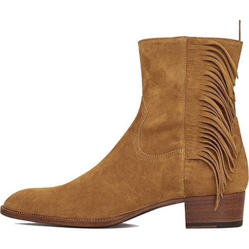 Runway Mens Winter Cowhide Real Leather Chelsea Boots Slip On Block Heels Tassels Riding Shoes Ankle Suede Leather Boots