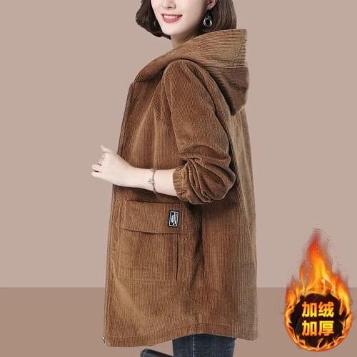 Corduroy Windbreaker Women Mid-Length 2021 Autumn Winter Velvet Thickening Plus Size Loose Hooded Jacket Female Warm Coat 351