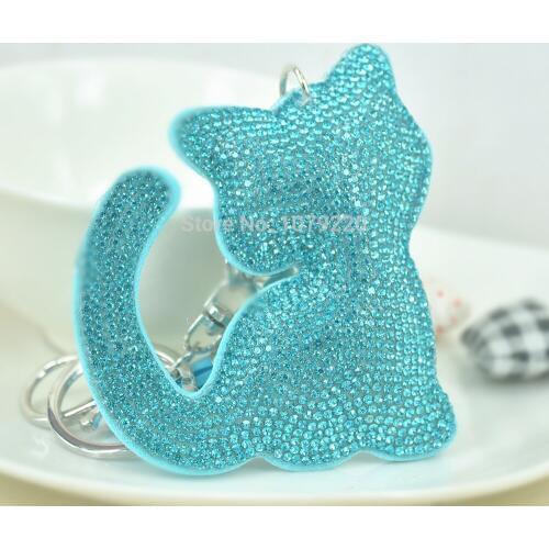 Fashion Key Chain Pendant Handmade Full Rhinestone Bead Cat Leather Tassel Car Keychain Charm Girl Christmas Valentines Gift