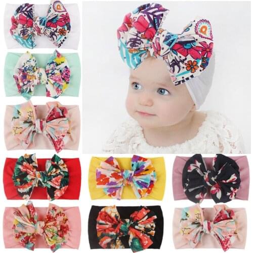 2021 New Printed Floral Large Bow Nylon Headband Soft Elastic Bowknot Headband Baby Baby Girls Hair Accessories