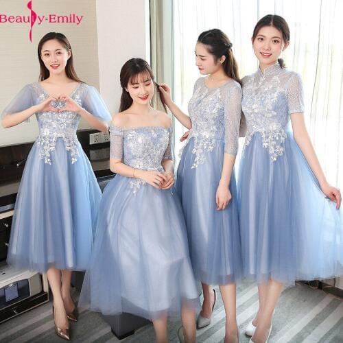 Charming Lace Blue Bridesmaid Dress 2019 Sexy Boat Neck Off the Shoulder Wedding Guest Dress Half Sleeve Special Occasion Dress