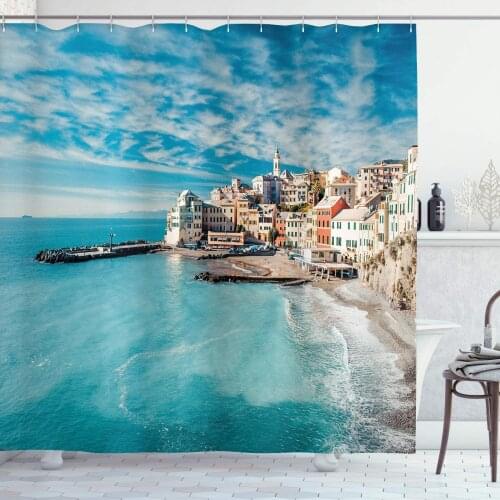 Panorama of Old Italian Fishing Village Beach in Old Coastal Charm Image, Cloth Fabric Bathroom Decor Set with Hooks