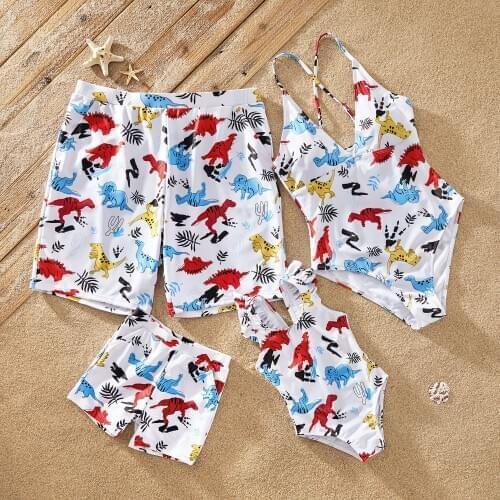 PatPat 2021 New Summer Cute Cartoon Dinosaur Print Family Matching Swimsuits Family Look Childrens Clothing
