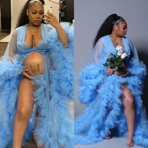 Plus Size Ruffles Celebrity Dresses 2021 Women Pregnant Party Sleepwear Jackets with Bow Maternity Photoshoot Gowns