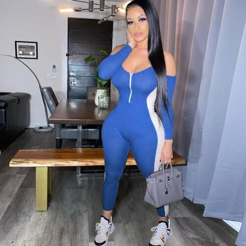 Side Striped Patchwork Bodycon Jumpsuit Women 2020 Fall Winter Clothes Skinny Zip Halter Fitness Backless Sexy Rompers Clubwear