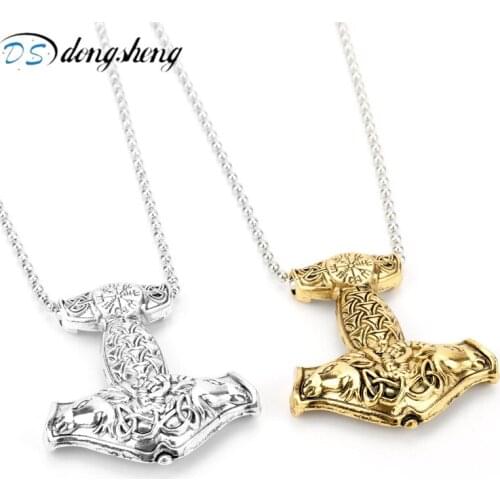 Dongsheng Vintage Norse Mythology Vikings Amulet Rune Thor Hammer Pendant Necklaces For Men Women Jewelry Gift