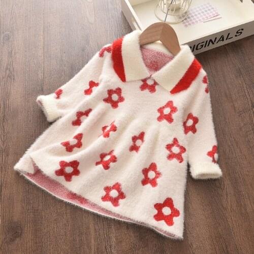 Girls Knitted Floral Sweaters Fashion Kids Flower Sweet Clothes Turn-Down Collar Princess Tops Children Autumn Winter Clothing