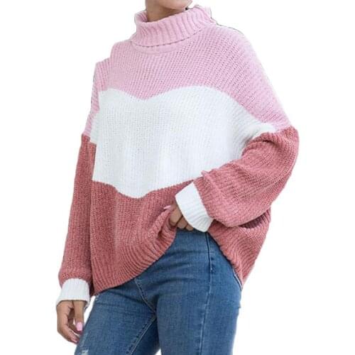 Ele-Choices Women Autumn Winter Jumper Turtle Neck Long Sleeve Color Block Warm Knit Sweater