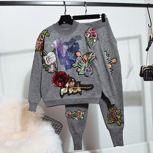 2020 Autumn Women clothes Fashion Sequined Embroidery Flower Knitted Sweater+Casual Pants Womens Two Piece Outfits