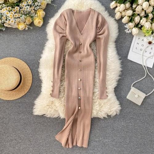 Trendy Winter Sweater Dress Women Puff Long Sleeve V Neck Button Vintage Elegant Knitted Midi Dresses Slit Sexy Bodycon Dress