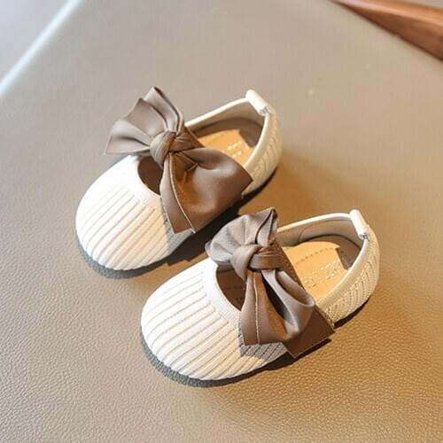 2021 Spring Girls Shoes Kniting Mary Janes Shoes Big Bowtie Breathable Casual Shoes Children Flats Baby Kids Princess Shoe