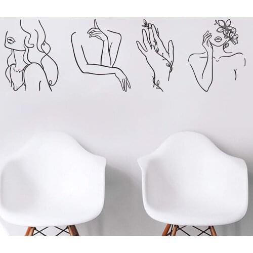 4Pcs Minimalist Line Sexy Women Wall Sticker Hair Nail Salon Spa Bath Dressing Mirror Wall Decal Girl Room Vinyl Decor Mural Art