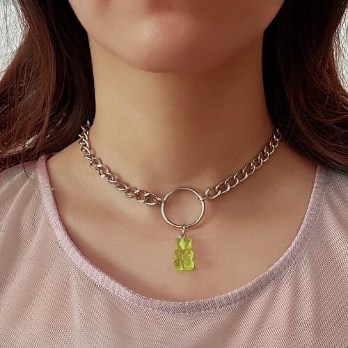 Transparent Shiny Cute Jelly Bear Pendant Necklace Chunky Chain Choker for Women Girls Cool Fashion Gummy Bear Animal Jewelry
