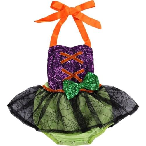 Halloween Baby Girls Custom Romper Dress Sleeveless Sequined Lace Patchwork Jumpsuits 0-24M