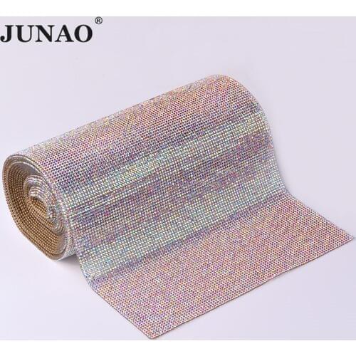 JUNAO 5 Yard Hot Fix Crystal AB Rhinestones Mesh Trim In Roll Glass Crystal Fabric Sheet Strass Banding For Clothes Decoration