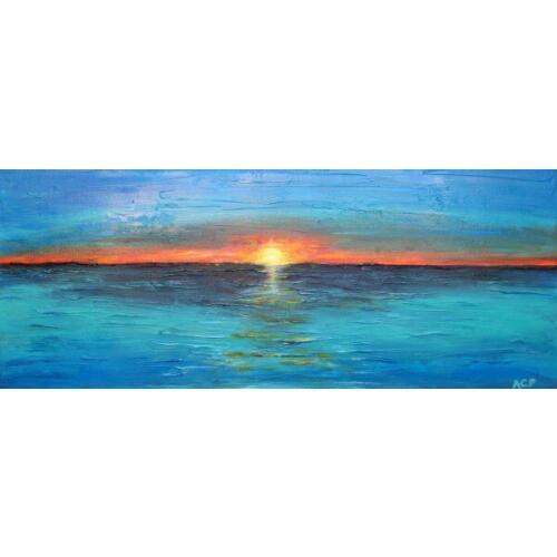 Oil Painting Rising Sun Above River Enliven Interior Landsc by its Sharp Contrast of the Bule River Water and the Jacinth Clouds