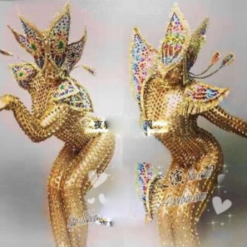 Future warrior stage show sexy holloween Jumpsuit Golden alien costume Performance Outfits Bar Nightclub GOGO Rompers