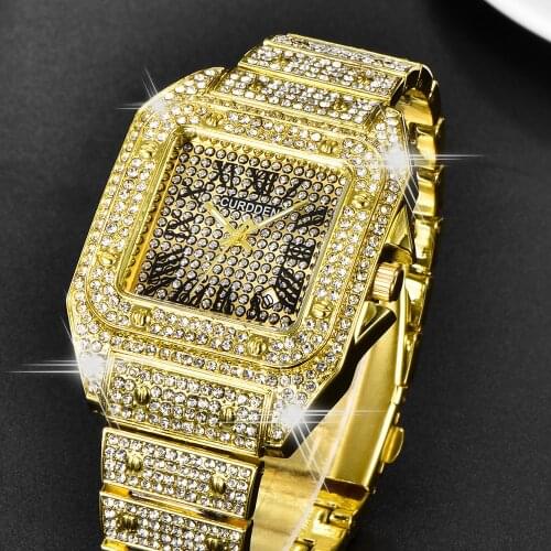 Fashion Iced Out Watch For Men Hip Hop Gold Mens Quartz Watches Classic Square Clock Men Waterproof Reloj Hombre Dropshipping