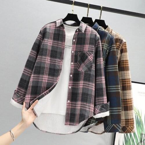 Fashion Thick Velvet Plaid Shirts Women Winter Keep Warm Long Sleeve Blouses Tops Casual Slim Female Clothes Outwear 2021 New