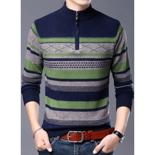 Man Cashmere Zipper Sweater Autumn Winter Patchwork Striped Pure 100% Merino Wool Sweaters Soft Slim Fit Jumper Pullovers